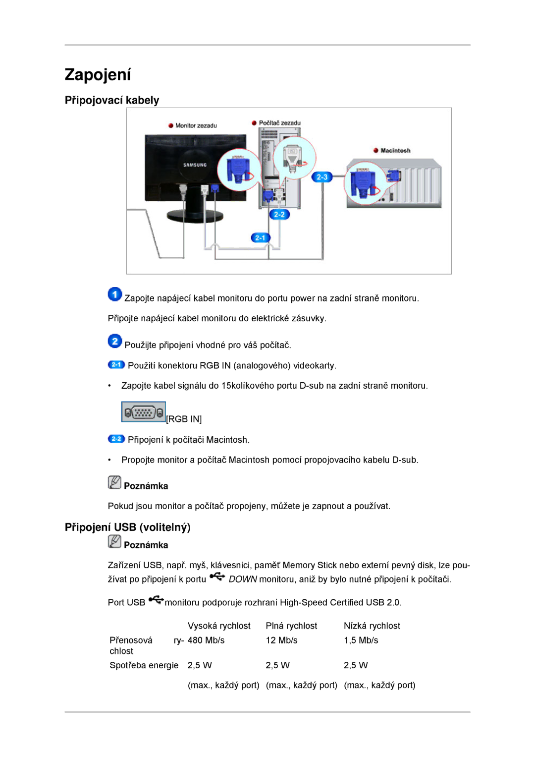 Samsung LS23MYYKBBA/EN, LS23MYYKBB/EDC manual Zapojení, Připojovací kabely, Připojení USB volitelný 