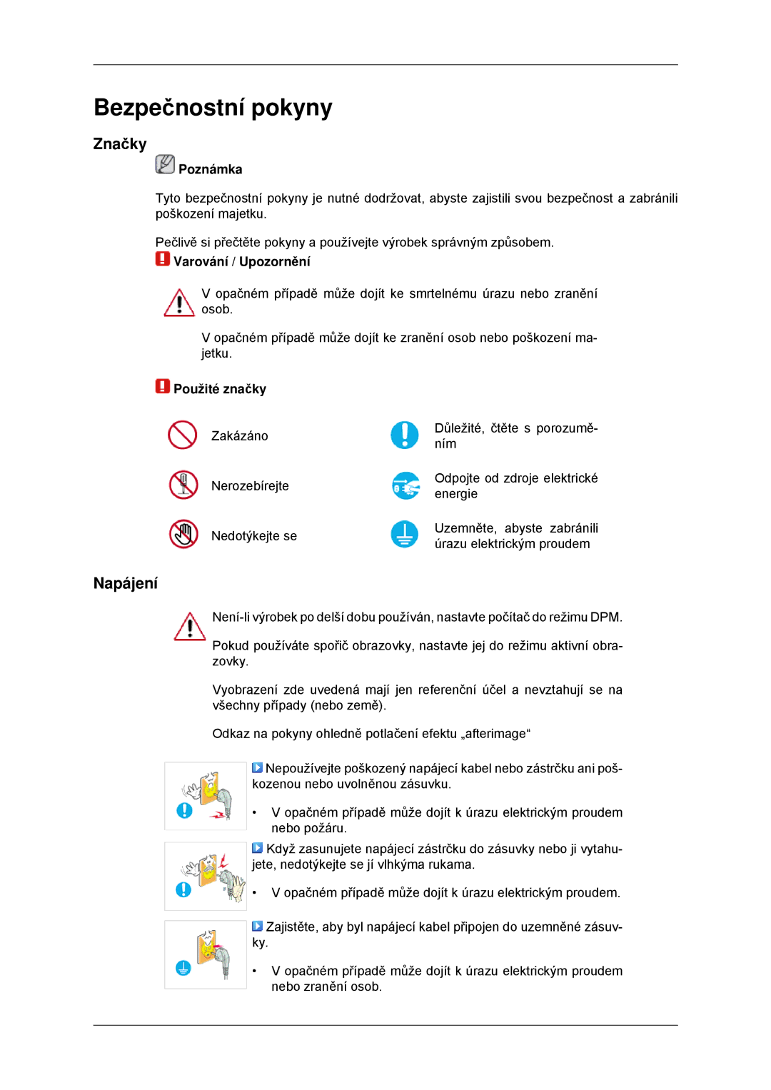 Samsung LS23MYYKBBA/EN, LS23MYYKBB/EDC manual Bezpečnostní pokyny, Značky, Napájení 