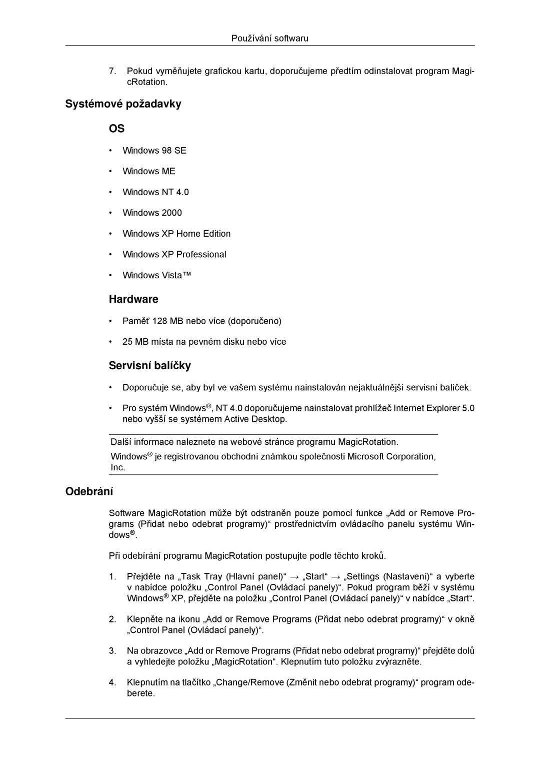 Samsung LS23MYYKBBA/EN, LS23MYYKBB/EDC manual Systémové požadavky, Servisní balíčky 