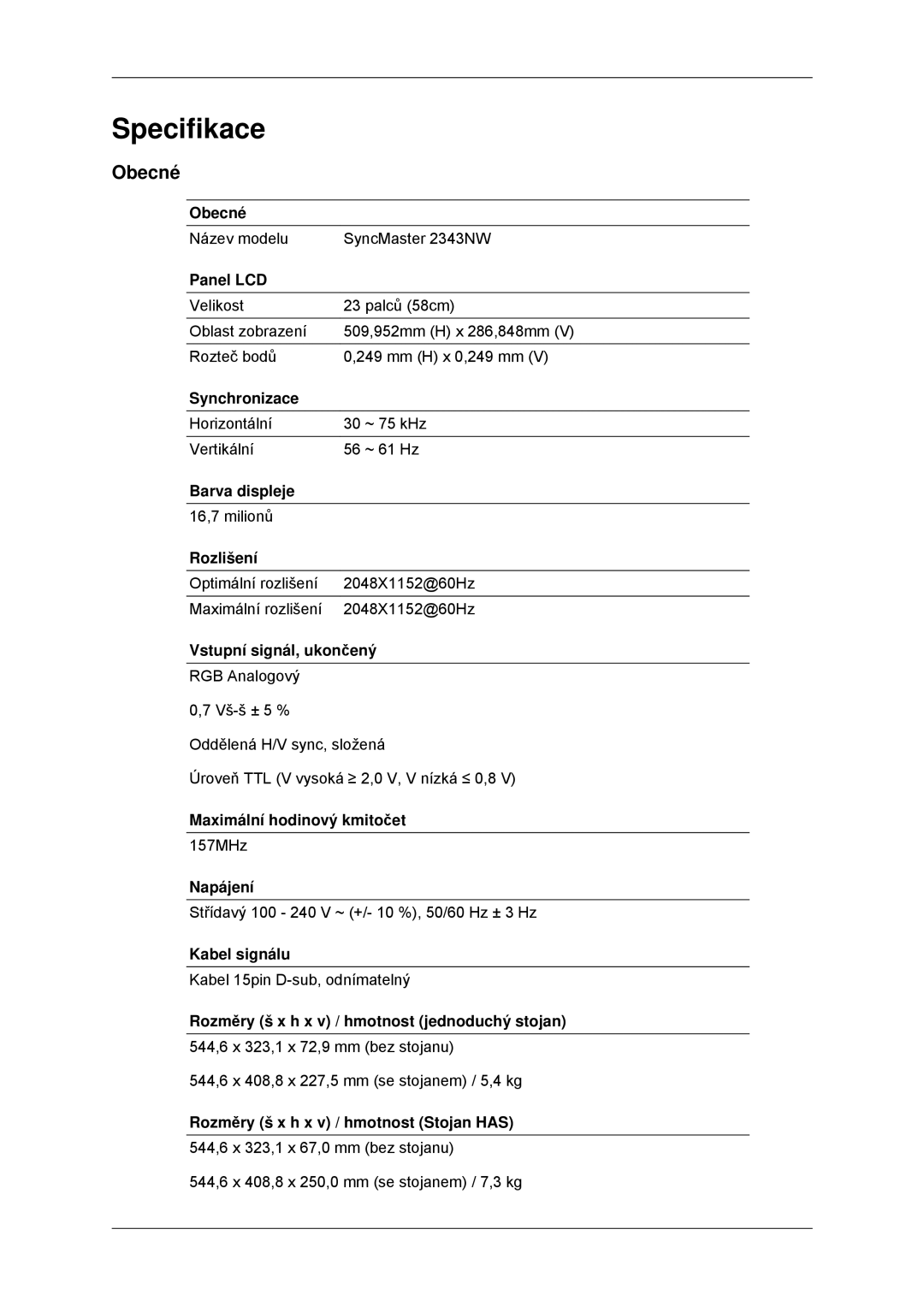 Samsung LS23MYYKBBA/EN, LS23MYYKBB/EDC manual Specifikace, Obecné 