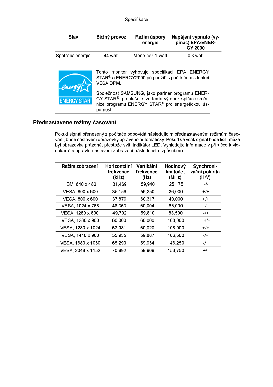 Samsung LS23MYYKBB/EDC, LS23MYYKBBA/EN manual Pínač EPA/ENER, Spotřeba energie Watt Méně než 1 watt 