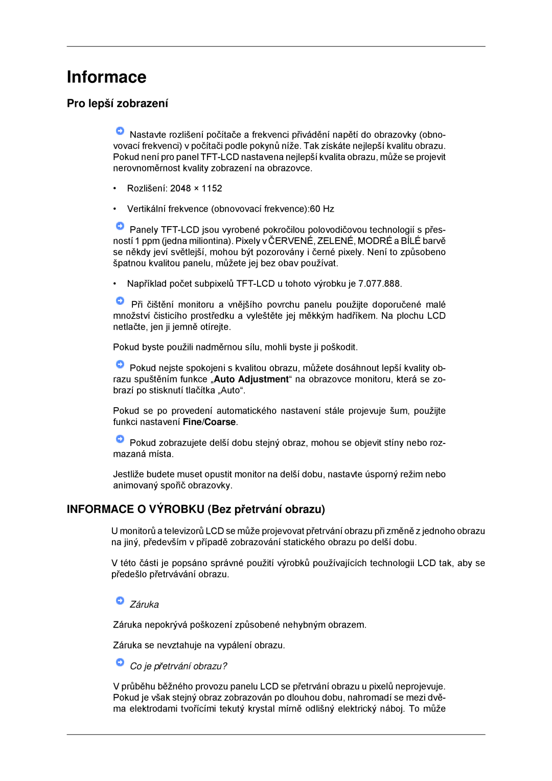 Samsung LS23MYYKBB/EDC, LS23MYYKBBA/EN manual Pro lepší zobrazení, Informace O Výrobku Bez přetrvání obrazu 