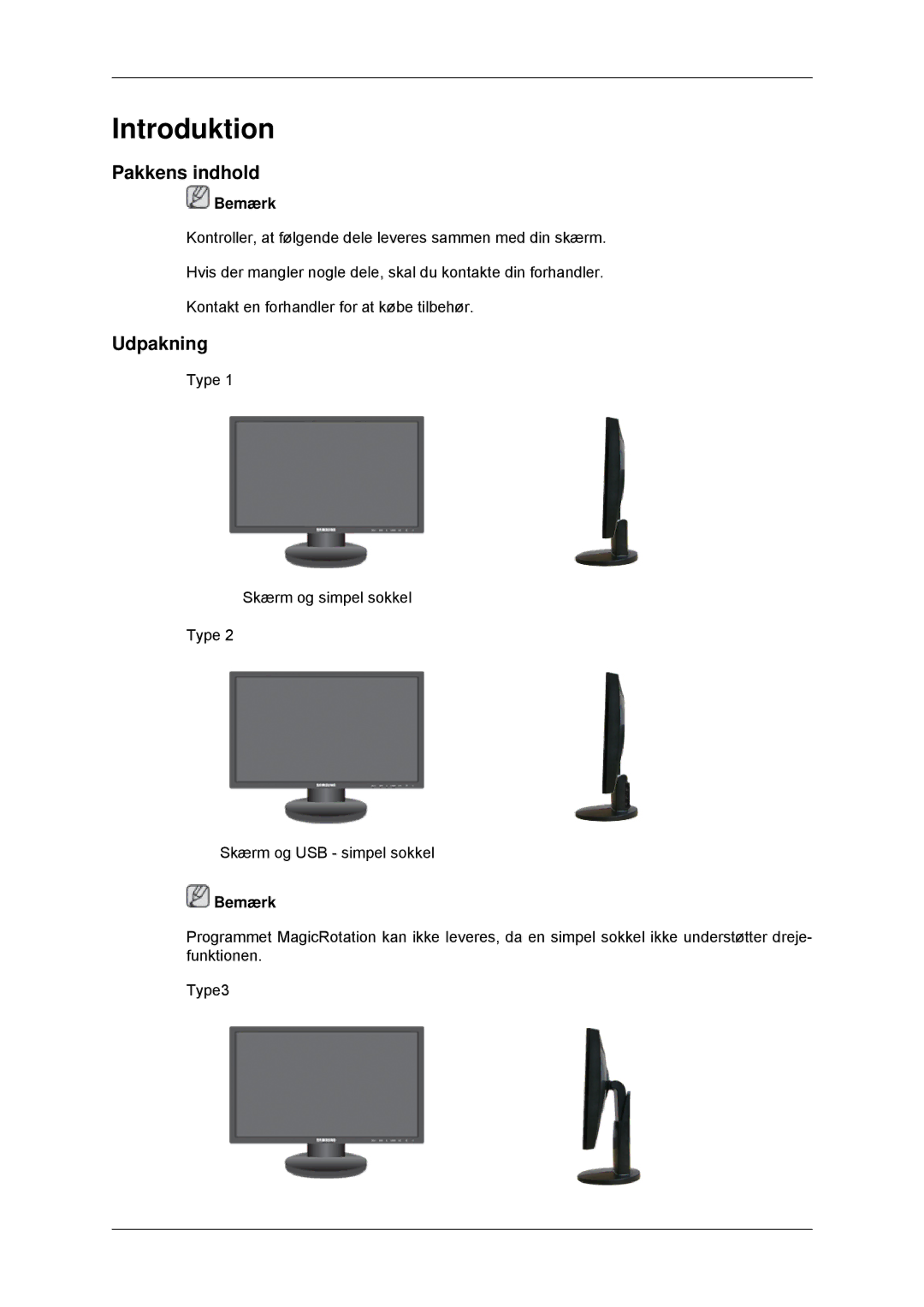 Samsung LS23MYYKBBA/EN, LS23MYYKBB/EDC manual Introduktion, Pakkens indhold, Udpakning 