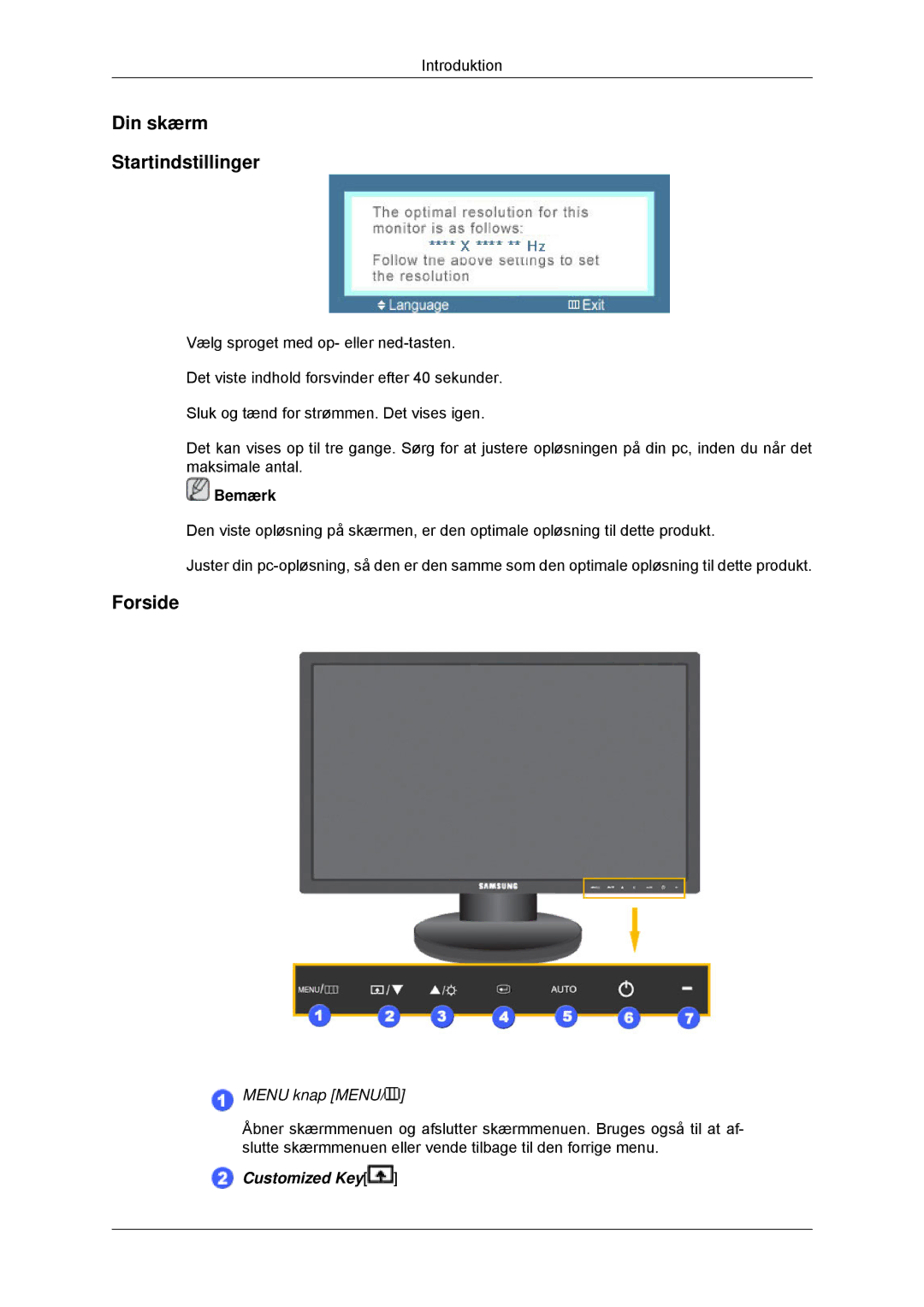 Samsung LS23MYYKBBA/EN, LS23MYYKBB/EDC manual Din skærm Startindstillinger, Forside 