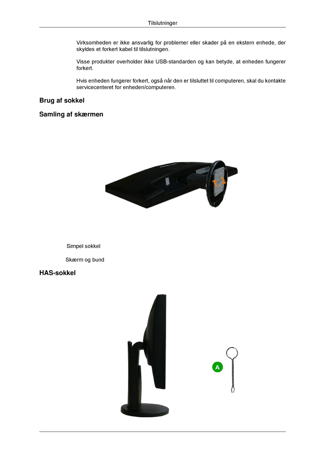 Samsung LS23MYYKBBA/EN, LS23MYYKBB/EDC manual Brug af sokkel Samling af skærmen, HAS-sokkel 