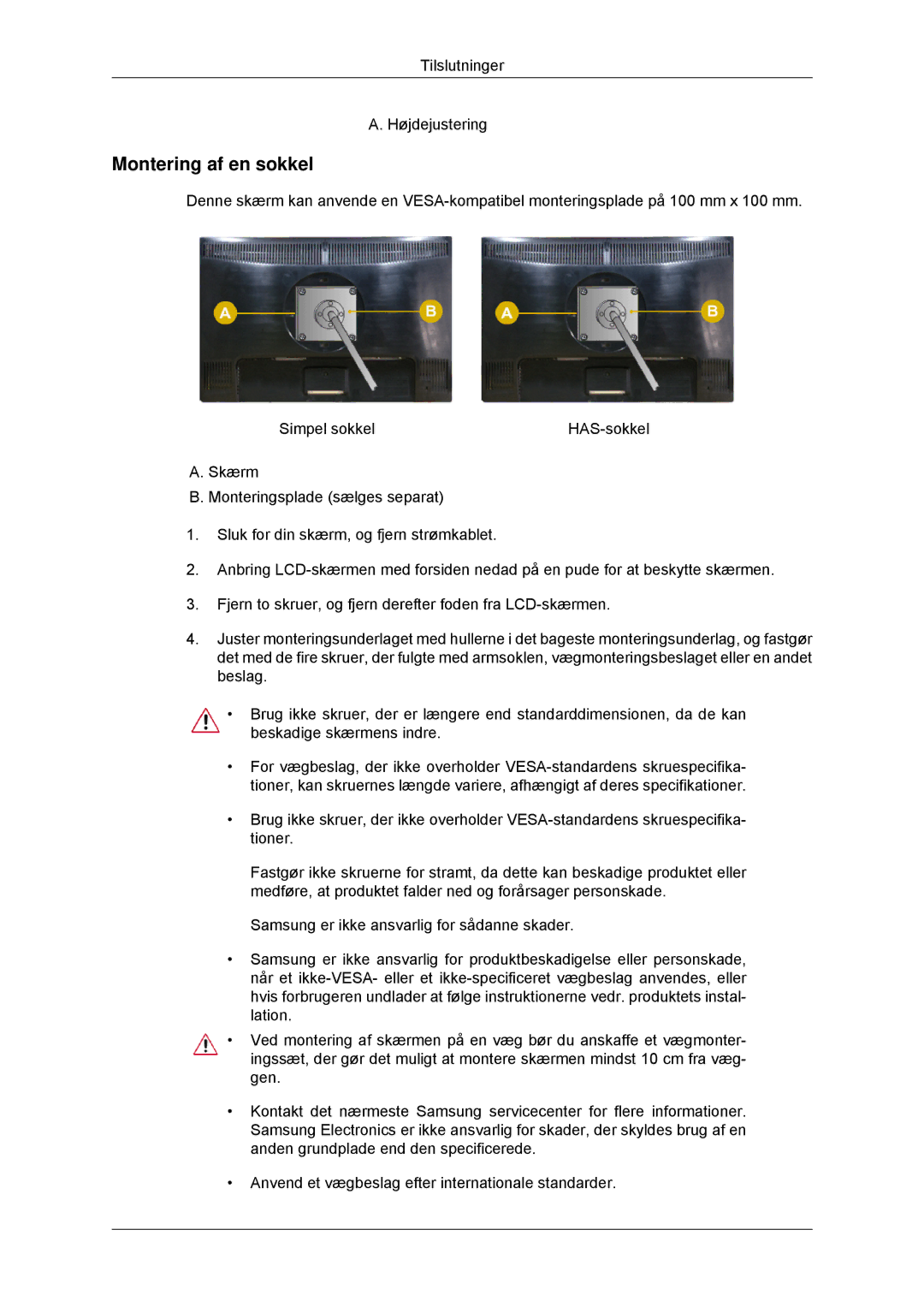 Samsung LS23MYYKBB/EDC, LS23MYYKBBA/EN manual Montering af en sokkel 