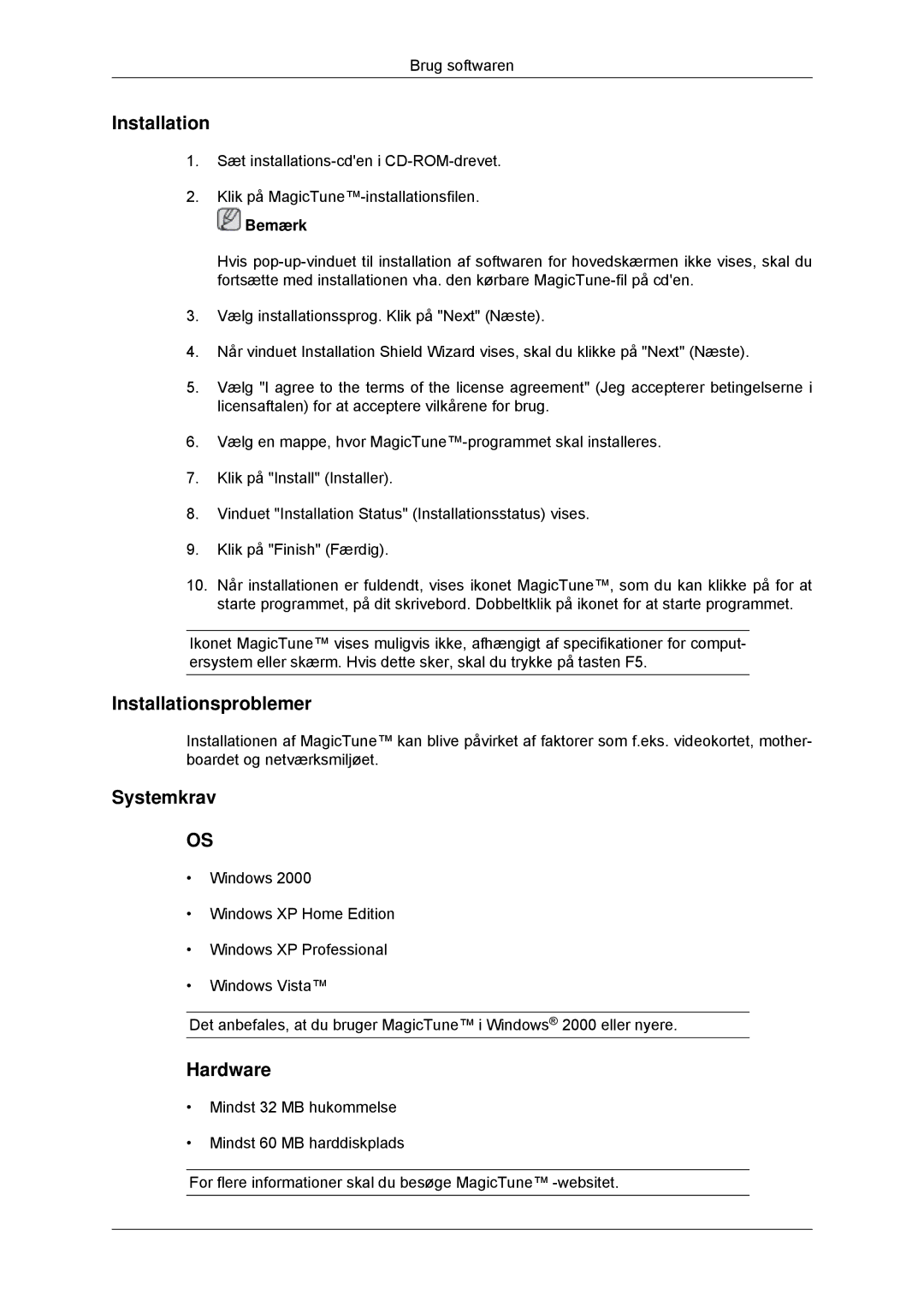 Samsung LS23MYYKBBA/EN, LS23MYYKBB/EDC manual Installationsproblemer, Systemkrav, Hardware 