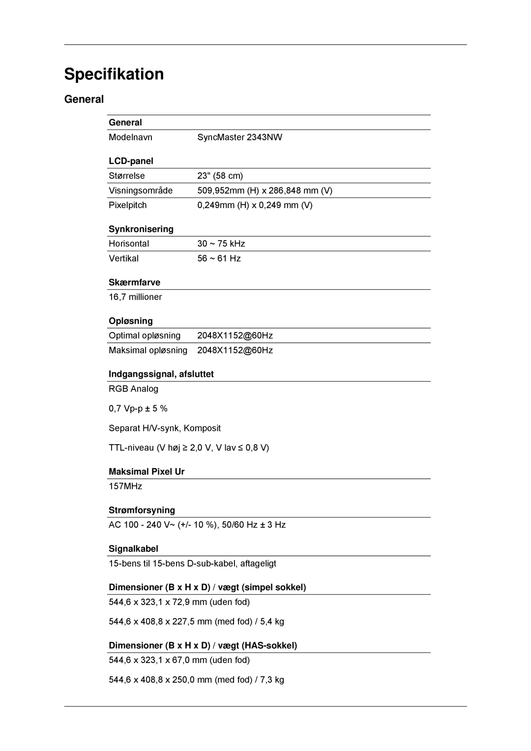 Samsung LS23MYYKBB/EDC, LS23MYYKBBA/EN manual Specifikation, General 