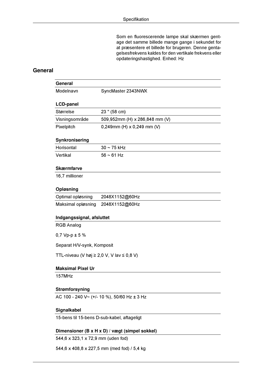 Samsung LS23MYYKBBA/EN, LS23MYYKBB/EDC manual Modelnavn SyncMaster 2343NWX 