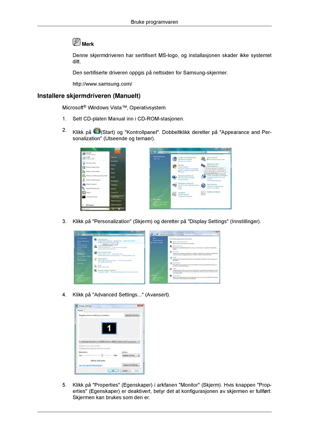 Samsung LS23MYYKBBA/EN, LS23MYYKBB/EDC manual Installere skjermdriveren Manuelt 