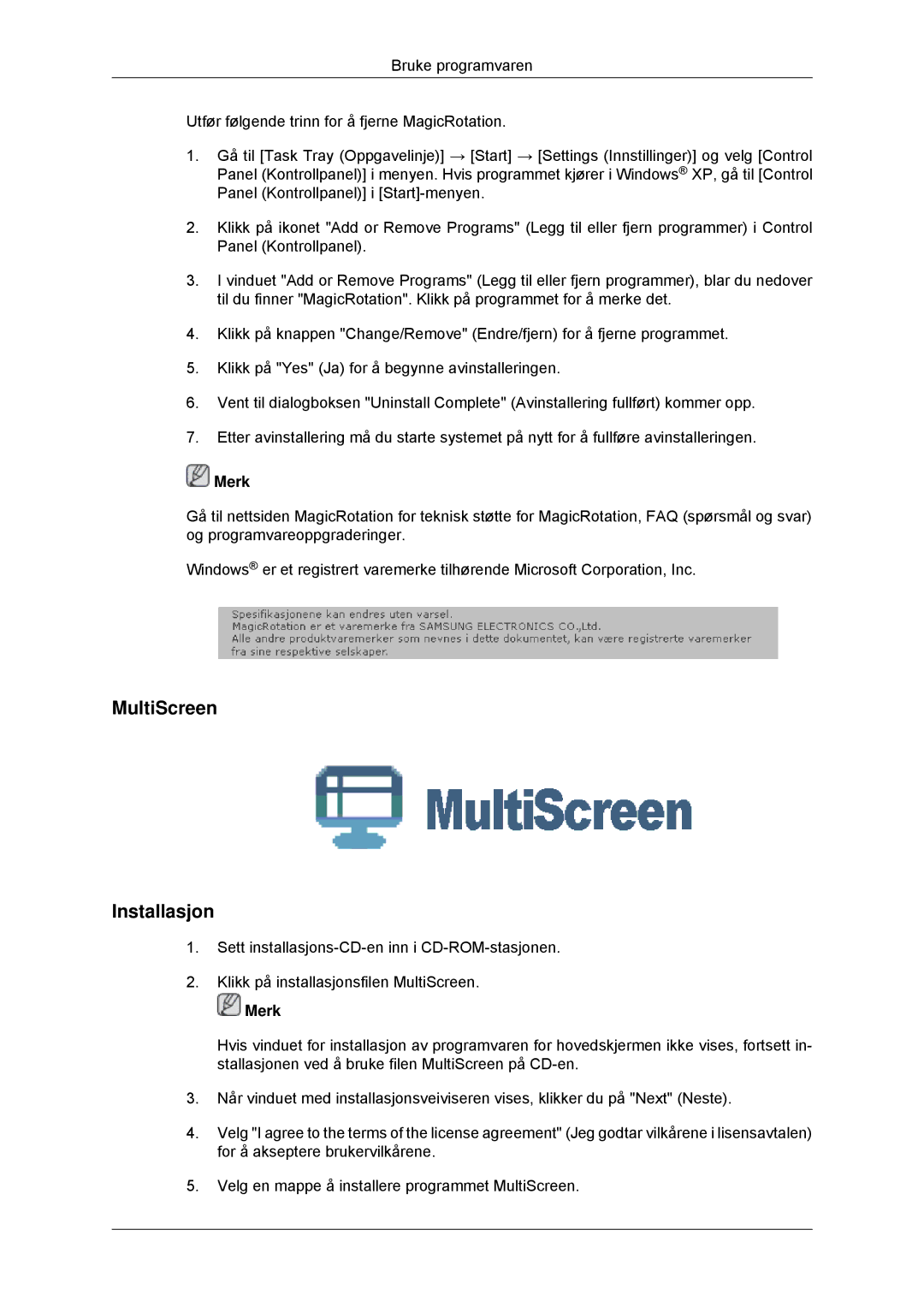 Samsung LS23MYYKBBA/EN, LS23MYYKBB/EDC manual MultiScreen Installasjon 