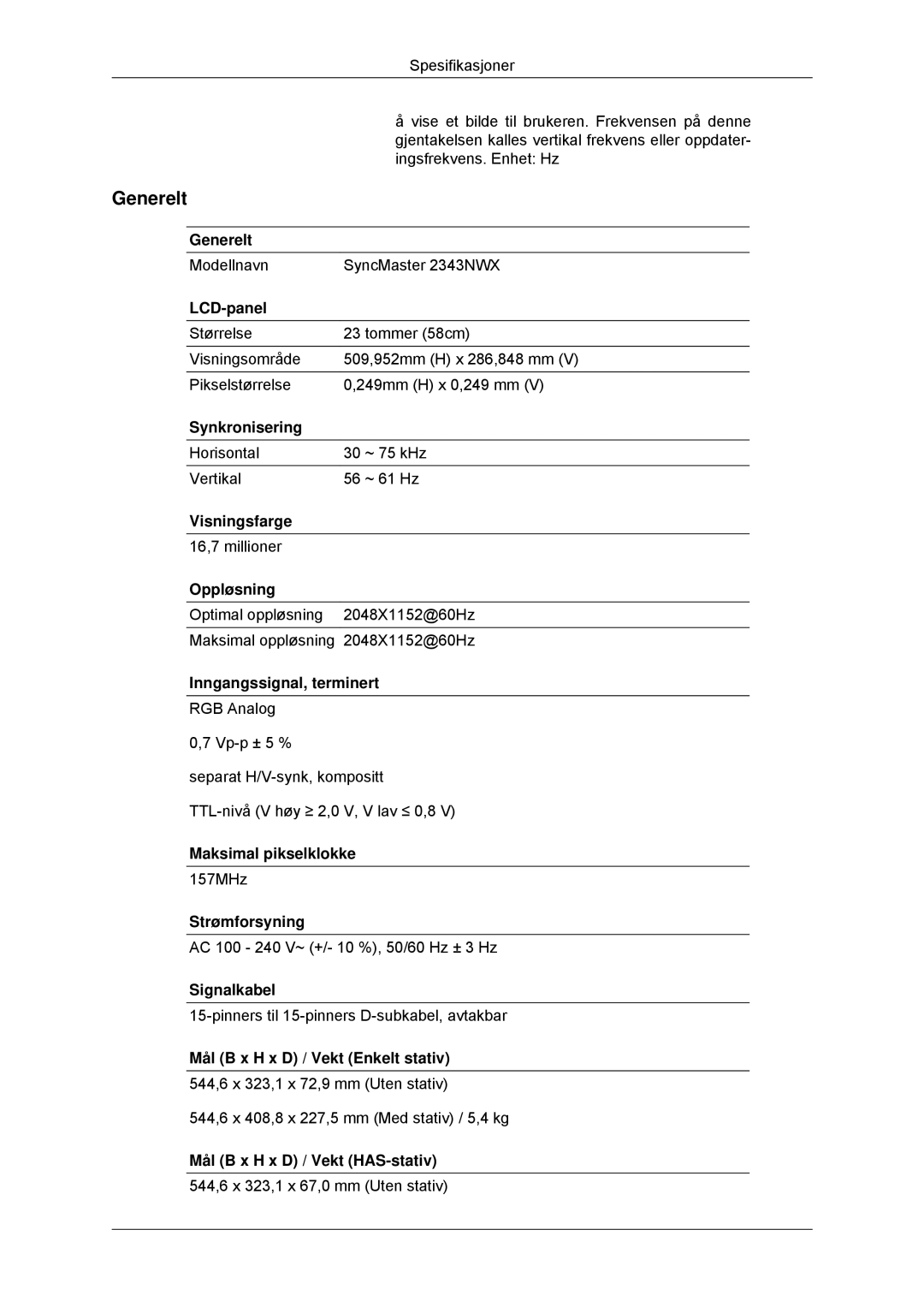 Samsung LS23MYYKBBA/EN, LS23MYYKBB/EDC manual Modellnavn SyncMaster 2343NWX 