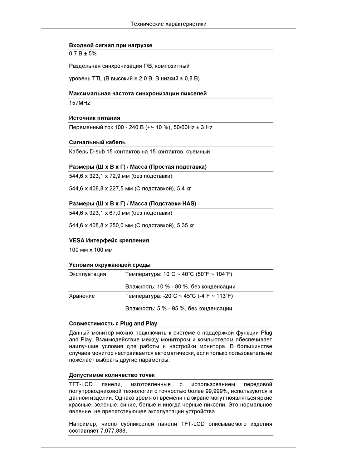 Samsung LS23MYYKBB/EDC, LS23MYYKBBA/EN Входной сигнал при нагрузке 0,7 В ± 5%, Максимальная частота синхронизации пикселей 