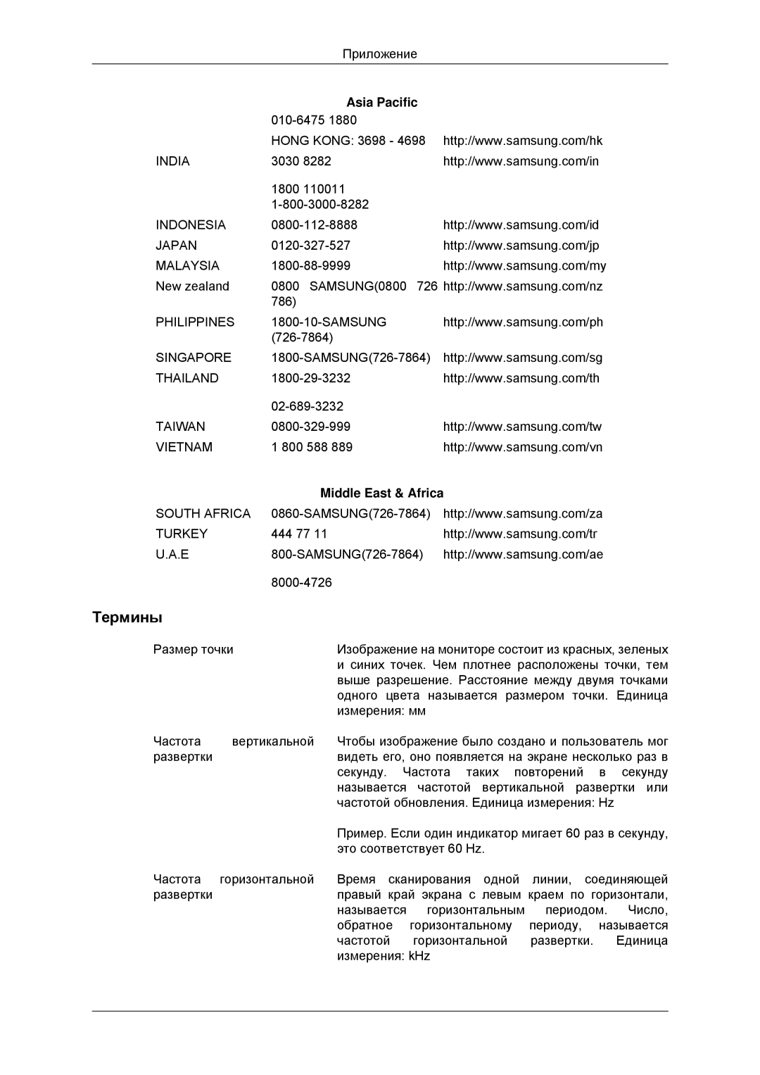 Samsung LS23MYYKBBA/EN, LS23MYYKBB/EDC manual Термины, Middle East & Africa 