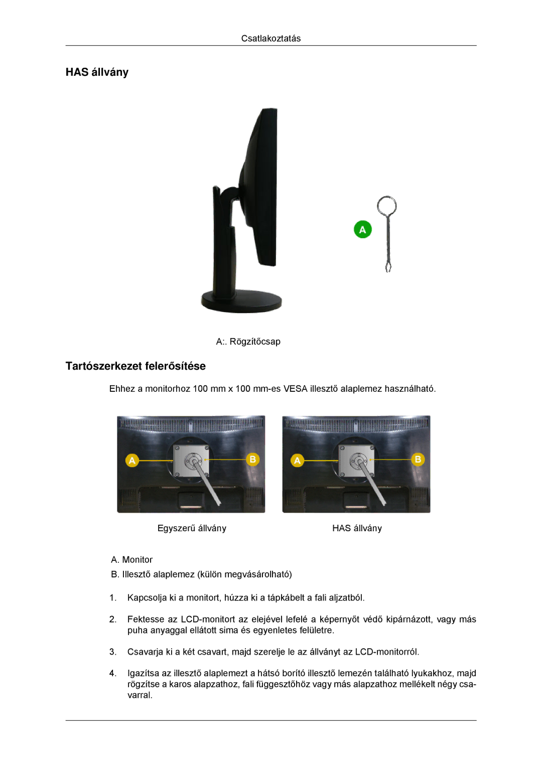 Samsung LS23MYYKBB/EDC, LS23MYYKBBA/EN manual Has állvány, Tartószerkezet felerősítése 