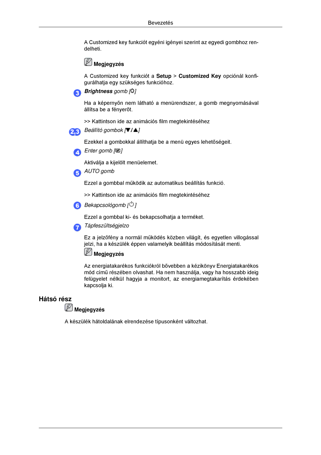 Samsung LS23MYYKBB/EDC, LS23MYYKBBA/EN manual Hátsó rész, Brightness gomb 