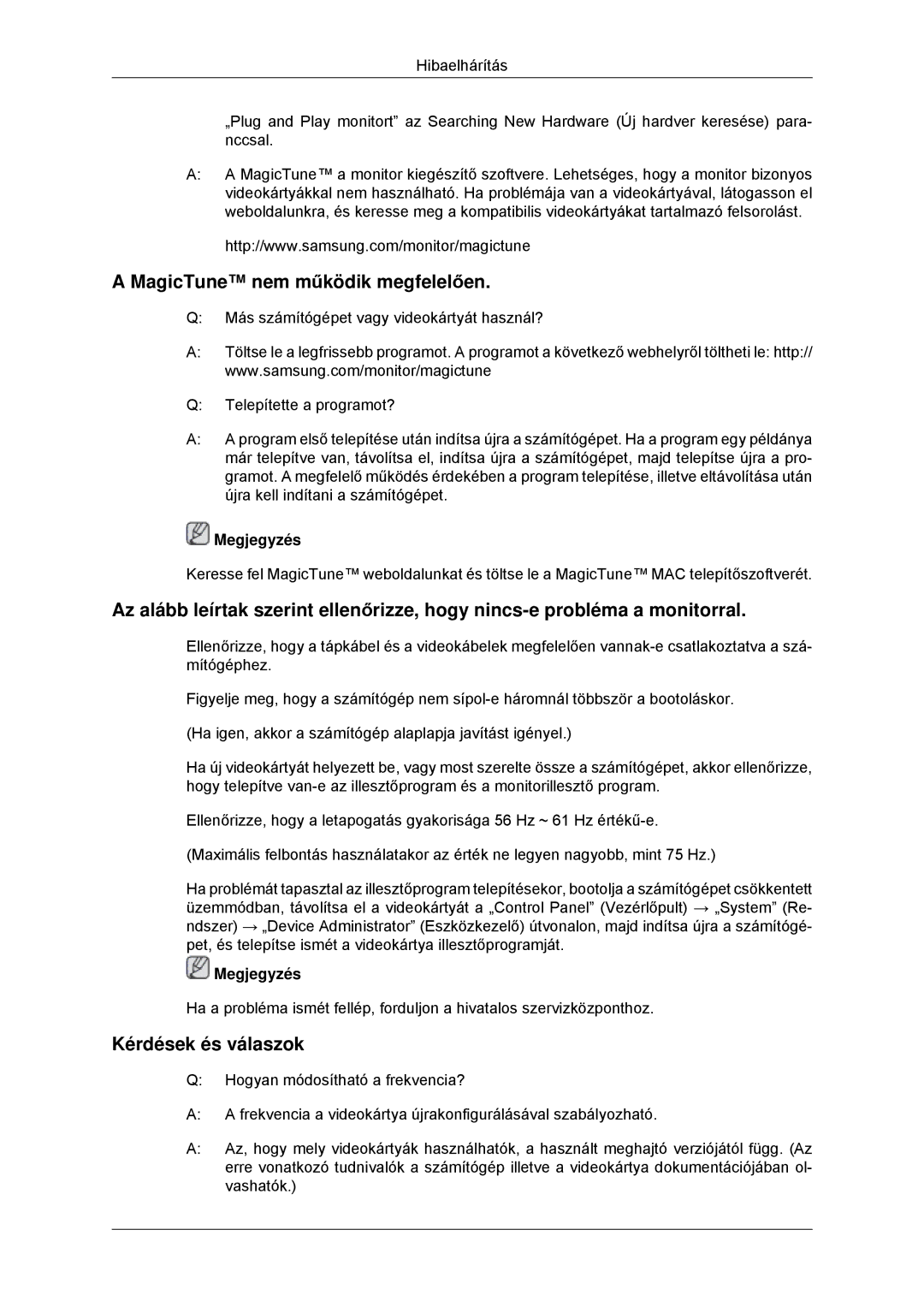 Samsung LS23MYYKBBA/EN, LS23MYYKBB/EDC manual MagicTune nem működik megfelelően, Kérdések és válaszok 