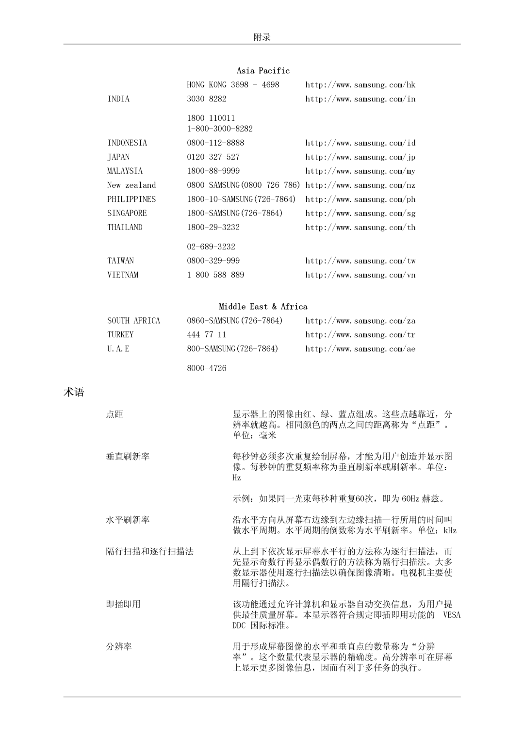 Samsung LS23MYYKBBA/EN, LS23MYYKBB/EDC manual Asia Pacific, Middle East & Africa 