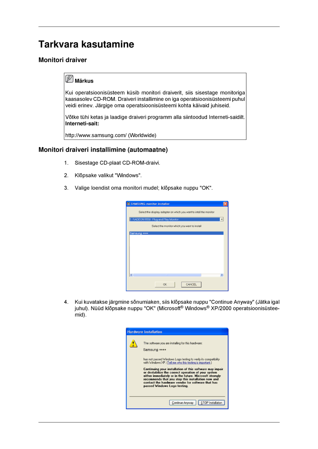 Samsung LS23MYYKBB/EDC manual Tarkvara kasutamine, Monitori draiveri installimine automaatne, Interneti-sait 