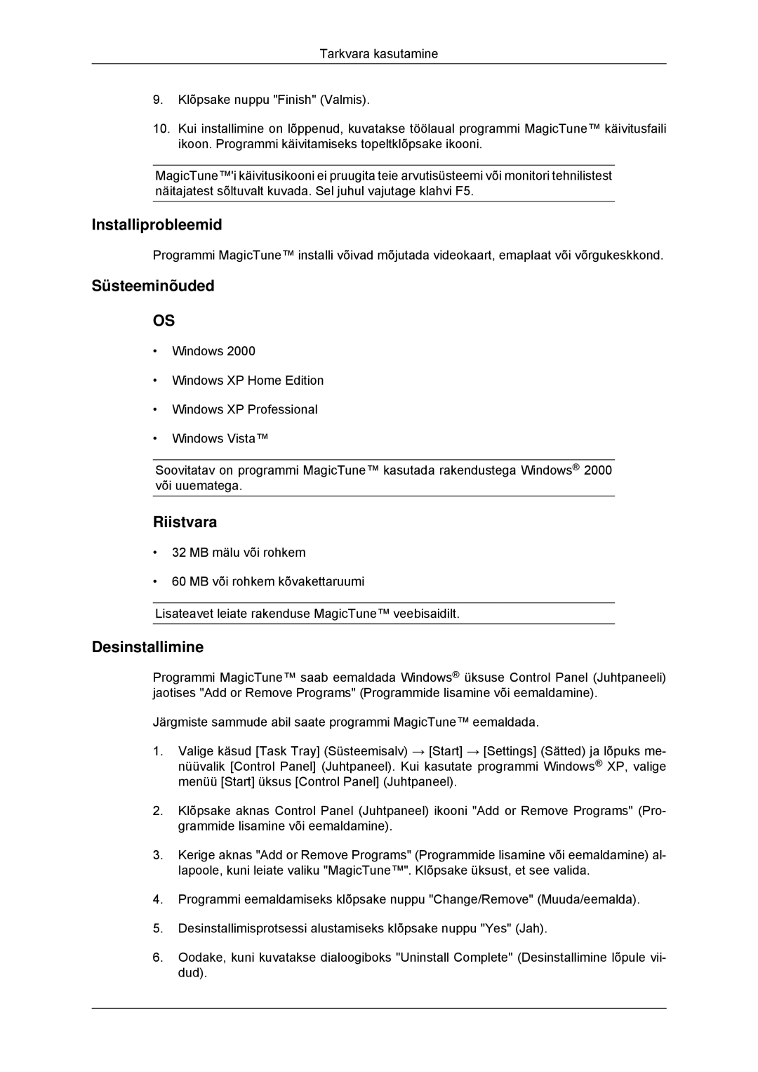 Samsung LS23MYYKBB/EDC manual Installiprobleemid, Süsteeminõuded, Riistvara, Desinstallimine 