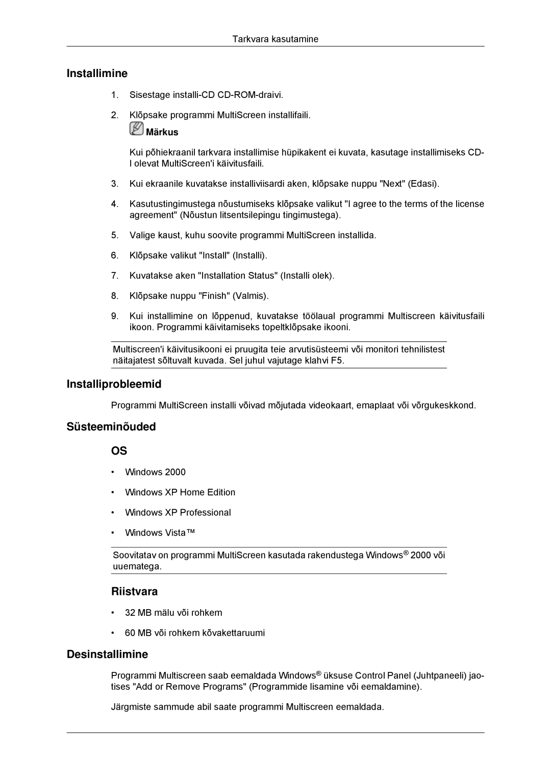 Samsung LS23MYYKBB/EDC manual MB mälu või rohkem MB või rohkem kõvakettaruumi 