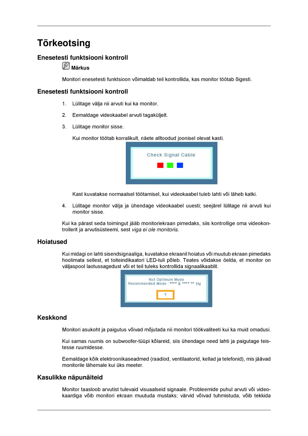 Samsung LS23MYYKBB/EDC manual Tõrkeotsing, Enesetesti funktsiooni kontroll, Hoiatused, Keskkond, Kasulikke näpunäiteid 