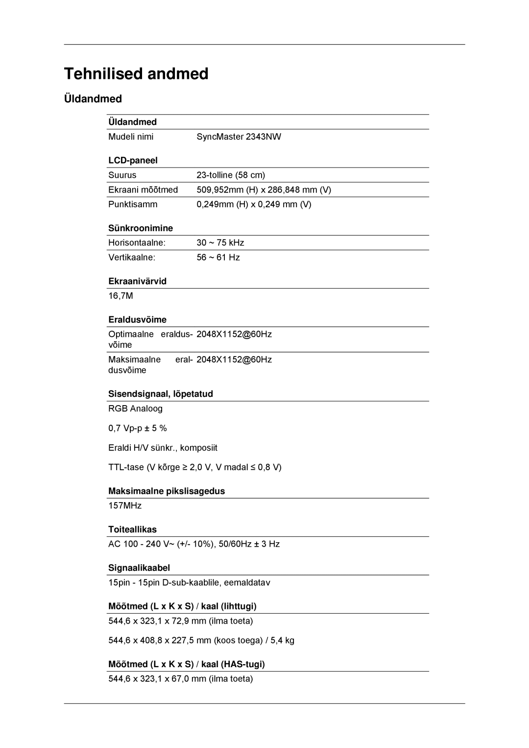 Samsung LS23MYYKBB/EDC manual Tehnilised andmed, Üldandmed 