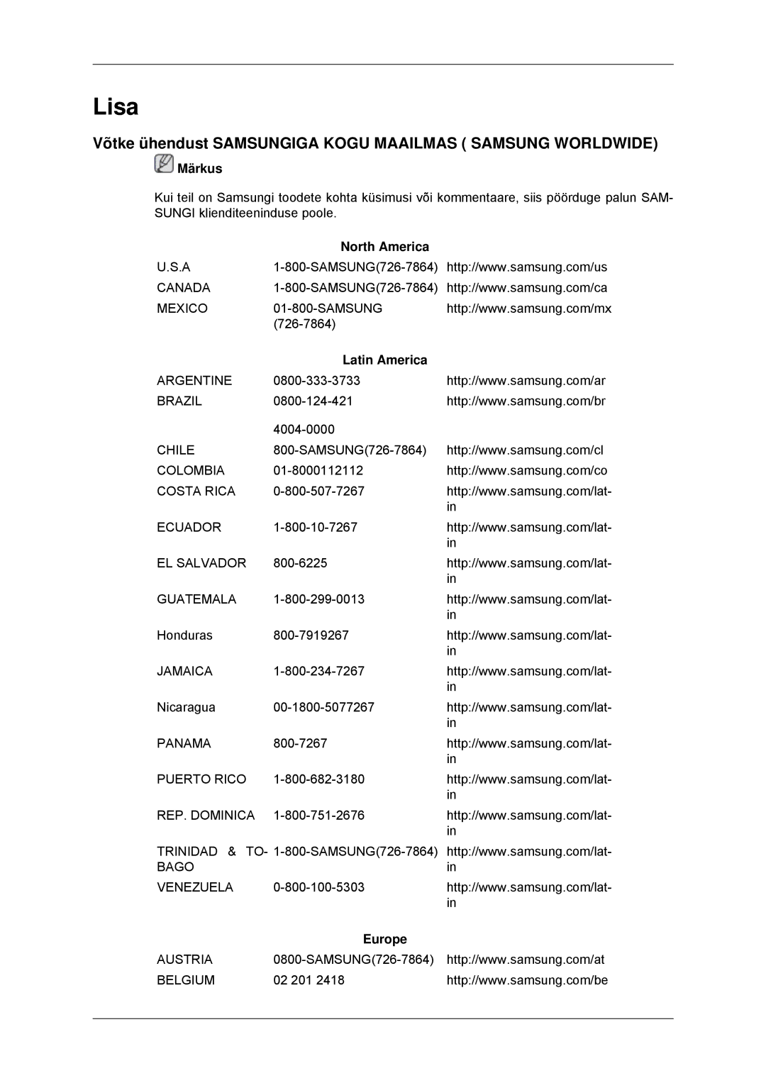 Samsung LS23MYYKBB/EDC manual Lisa, Võtke ühendust Samsungiga Kogu Maailmas Samsung Worldwide, North America, Latin America 