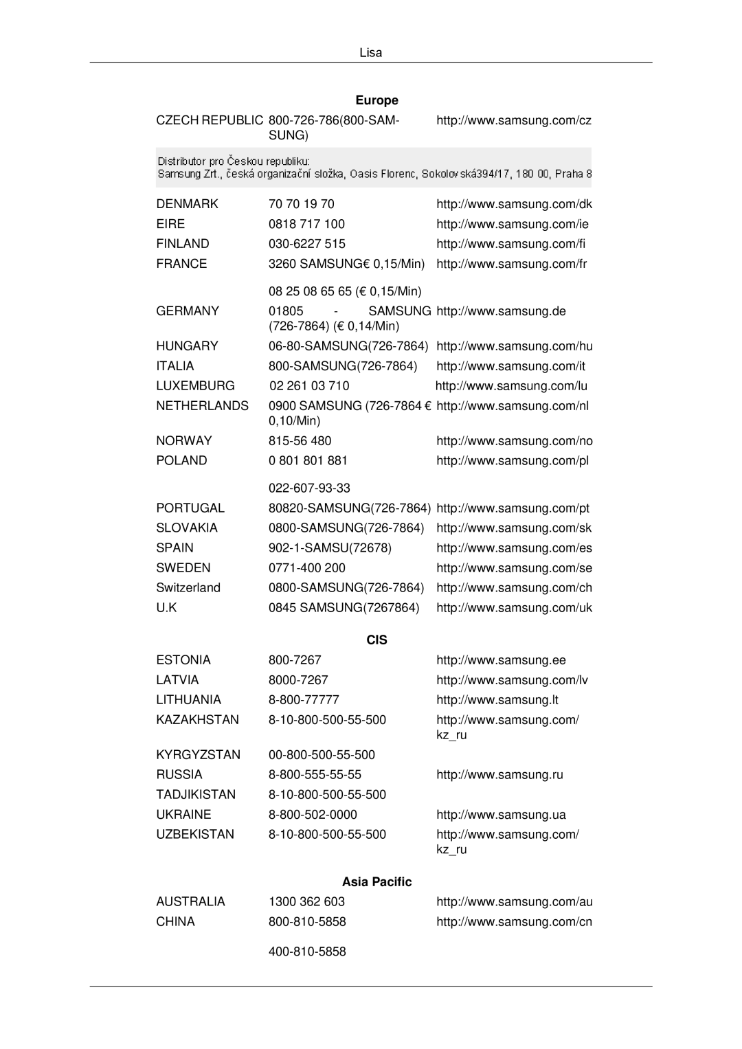 Samsung LS23MYYKBB/EDC manual Cis, Asia Pacific 