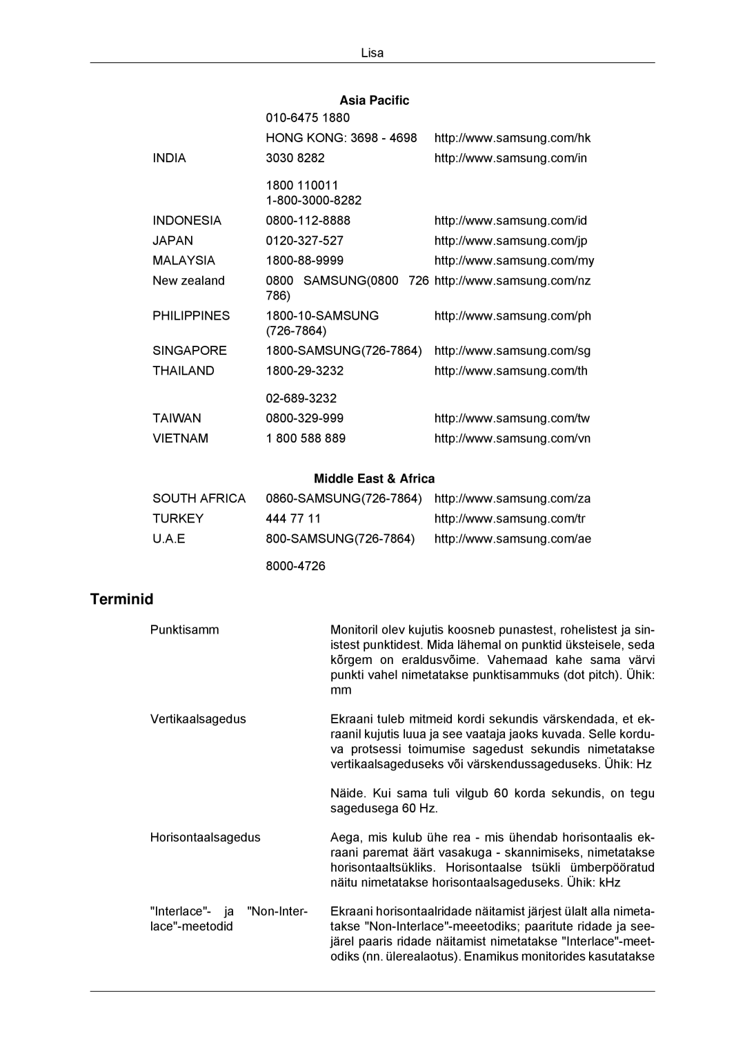 Samsung LS23MYYKBB/EDC manual Terminid, Middle East & Africa 