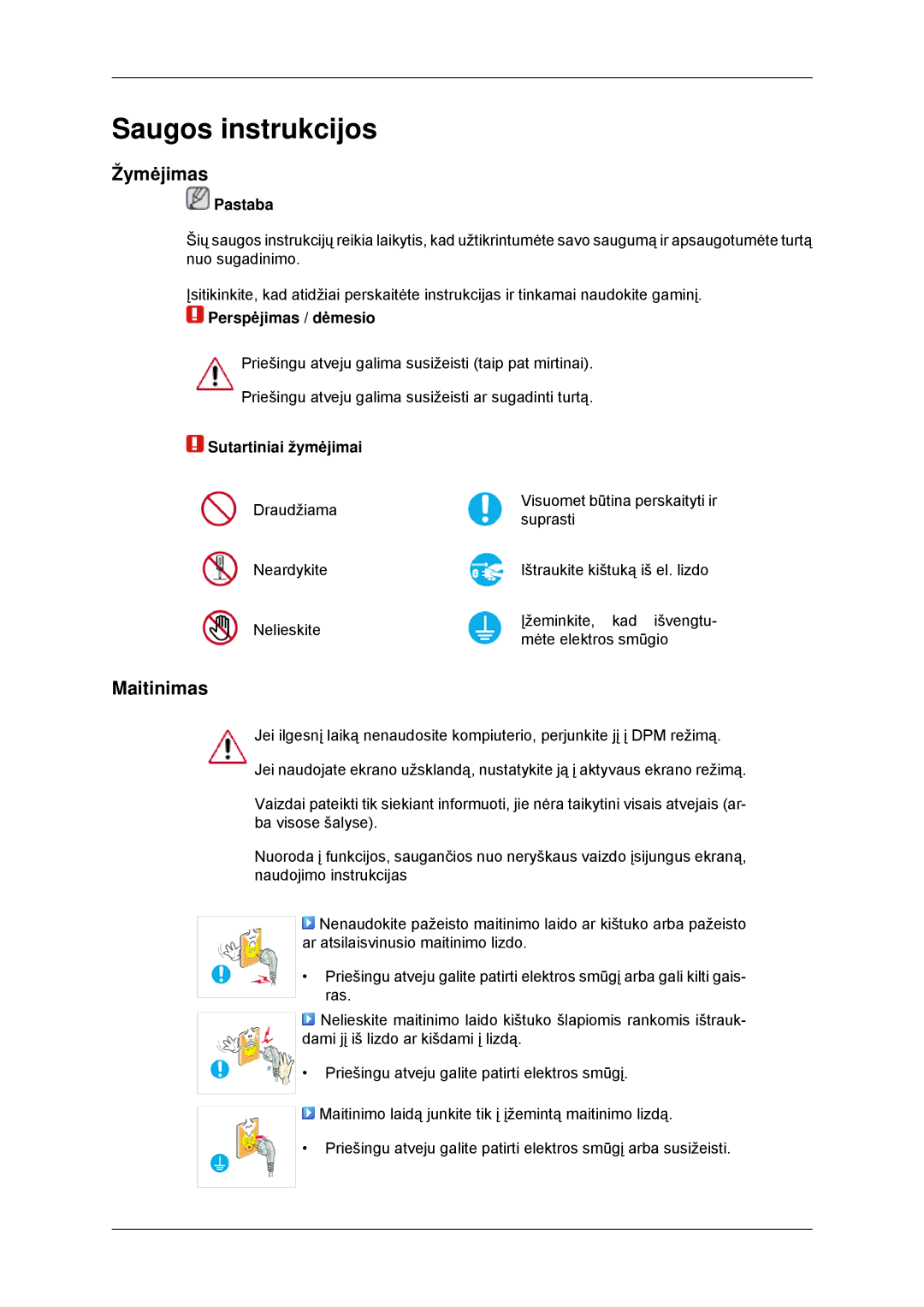 Samsung LS23MYYKBB/EDC manual Saugos instrukcijos, Žymėjimas, Maitinimas 