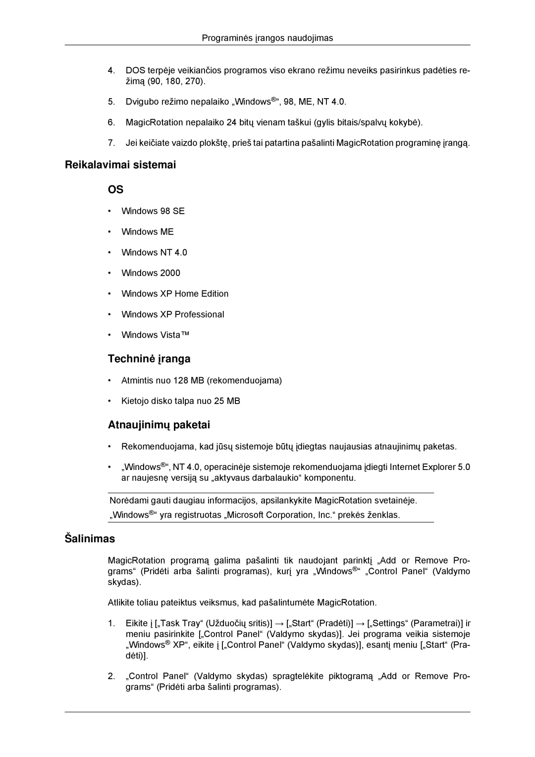 Samsung LS23MYYKBB/EDC manual Reikalavimai sistemai, Atnaujinimų paketai 