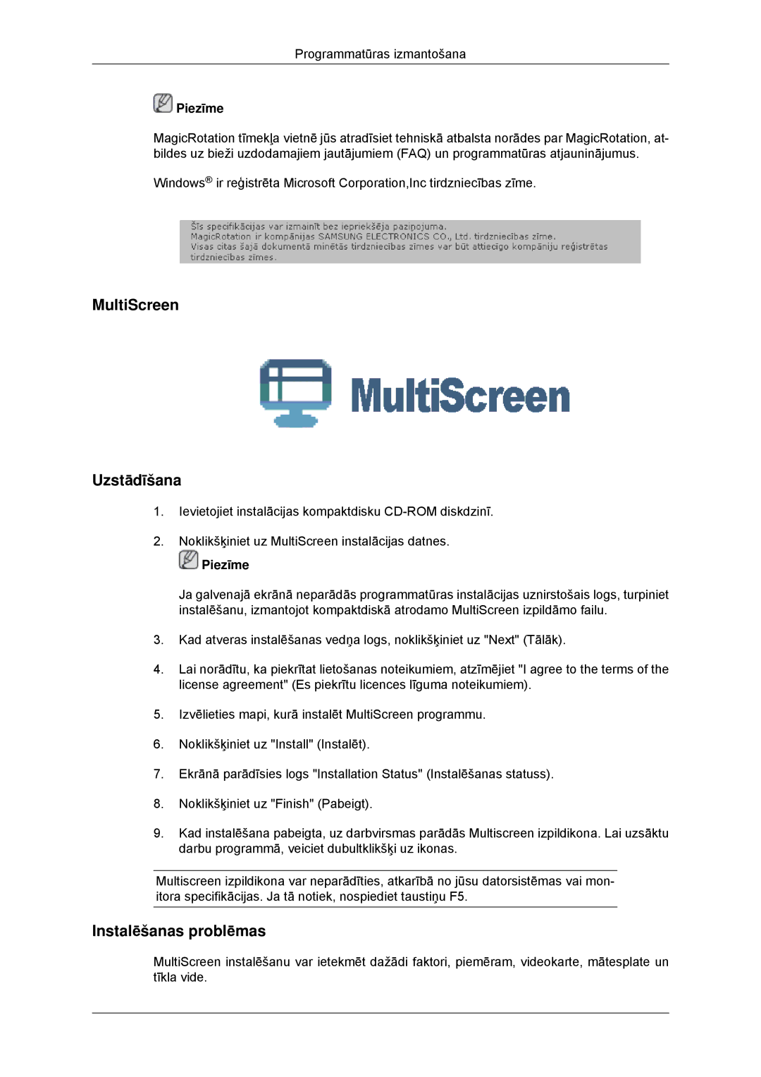 Samsung LS23MYYKBB/EDC manual MultiScreen Uzstādīšana, Piezīme 