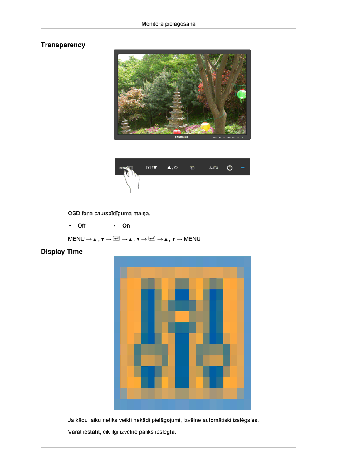 Samsung LS23MYYKBB/EDC manual Transparency, Display Time, Off On 