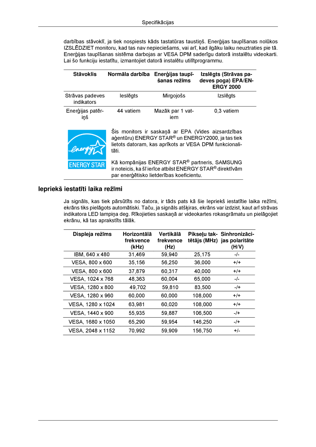 Samsung LS23MYYKBB/EDC manual Enerģijas taupī- Izslēgts Strāvas pa, Šanas režīms Deves poga EPA/EN Ergy 