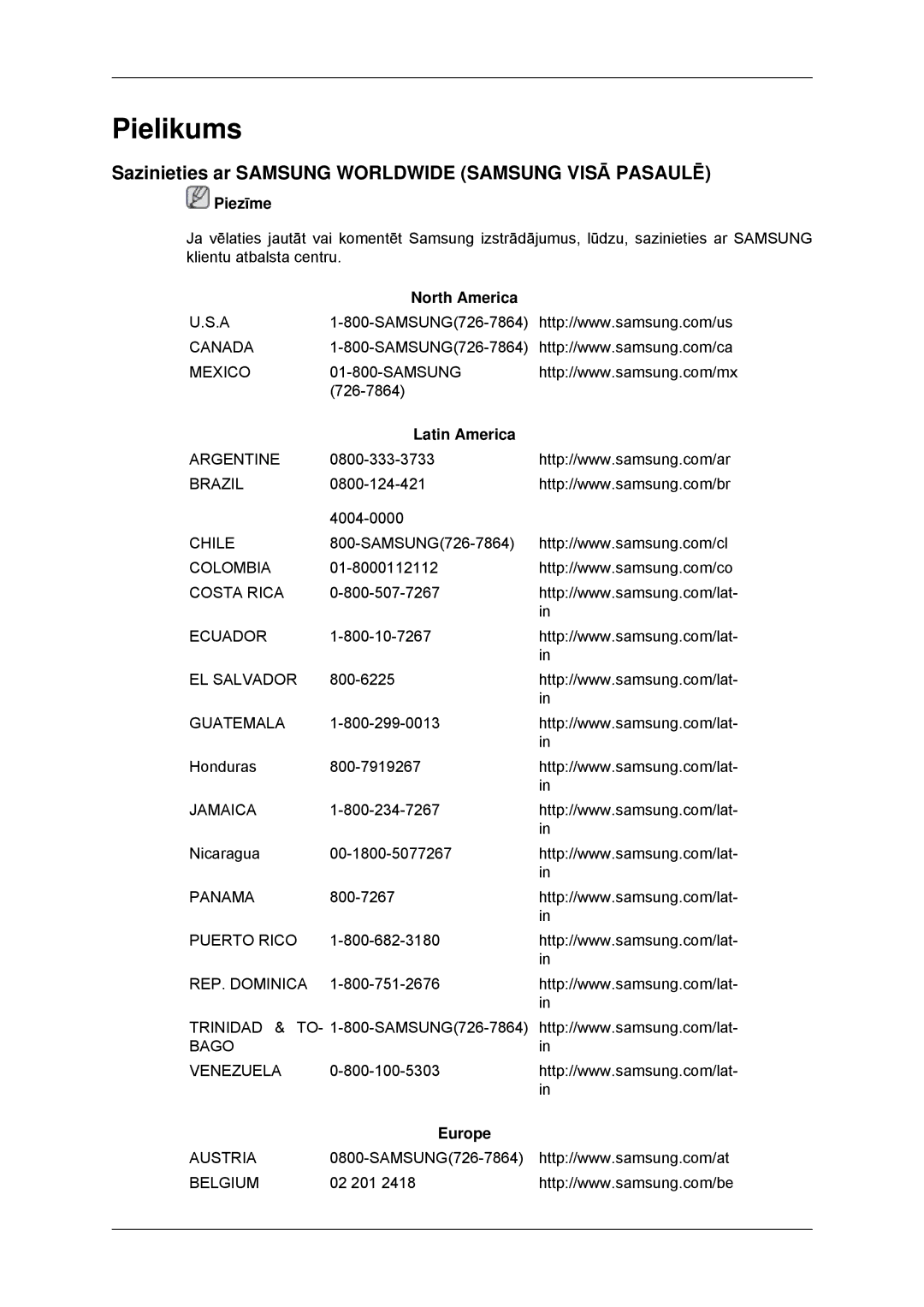 Samsung LS23MYYKBB/EDC Pielikums, Sazinieties ar Samsung Worldwide Samsung Visā Pasaulē, North America, Latin America 