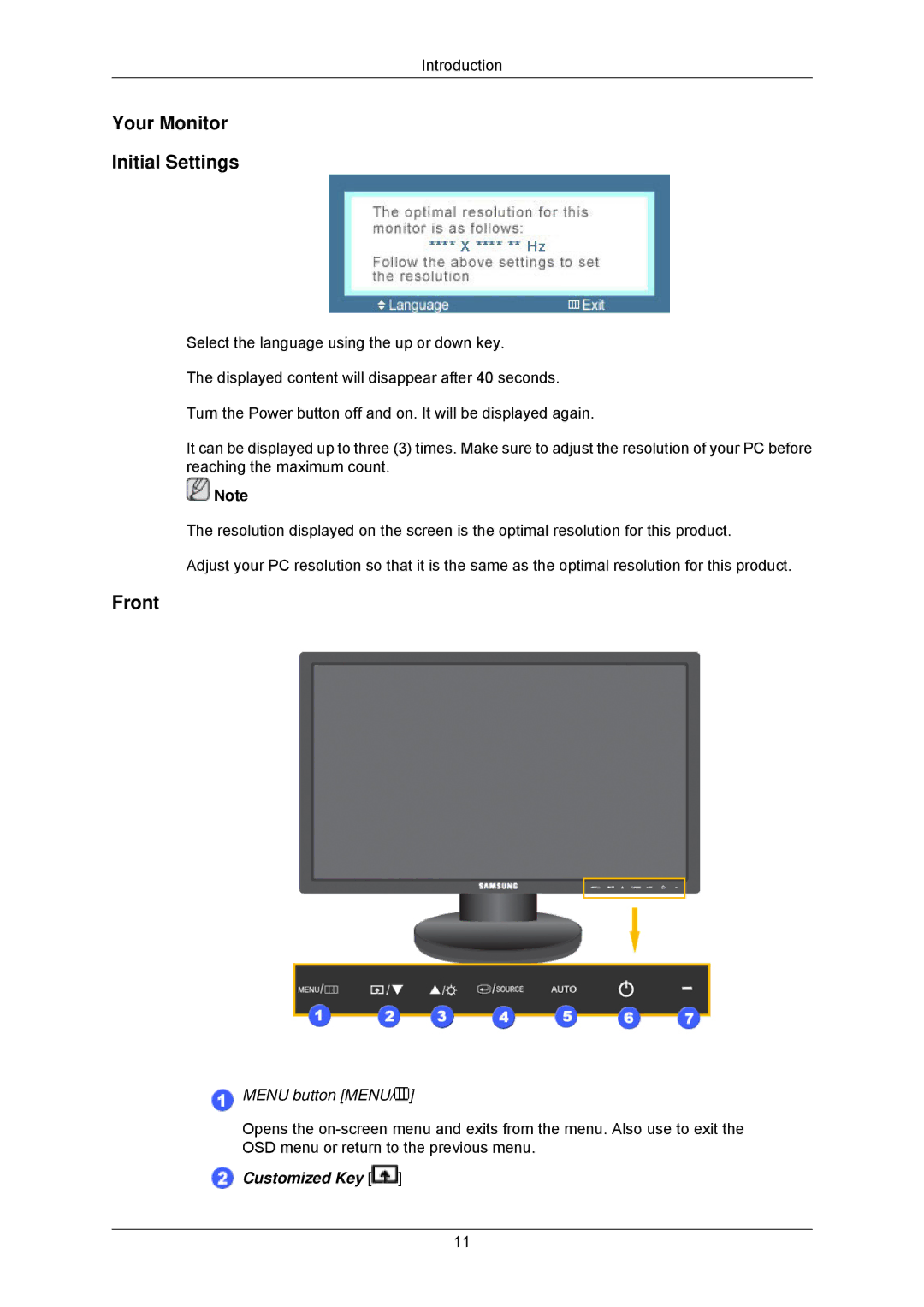 Samsung LS23MYZASC/EDC, LS23MYZABC/EDC, LS23MYZABCA/EN, LS23MYZABCABEN, LS23MYZKFV/XAA Your Monitor Initial Settings, Front 