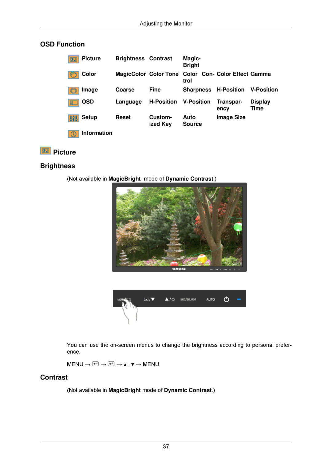 Samsung LS23MYZKFV/XAA, LS23MYZABC/EDC, LS23MYZABCA/EN, LS23MYZASC/EDC manual OSD Function, Picture Brightness, Contrast 