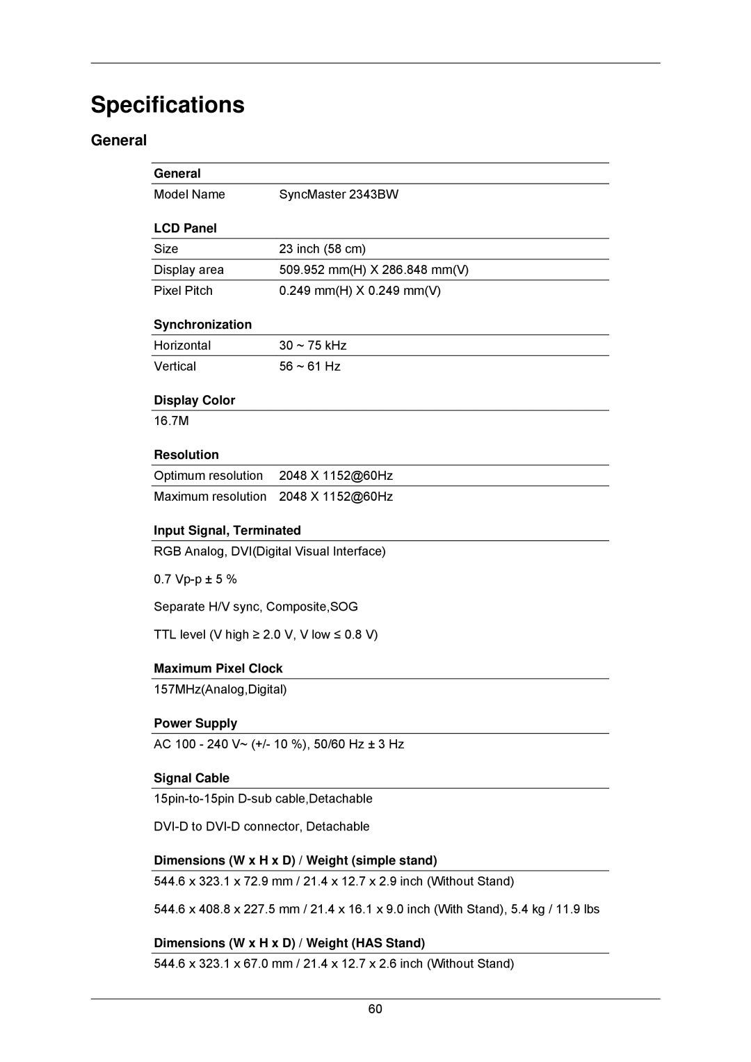 Samsung LS23MYZASC/EDC, LS23MYZABC/EDC, LS23MYZABCA/EN, LS23MYZABCABEN, LS23MYZKFV/XAA manual Specifications, General 