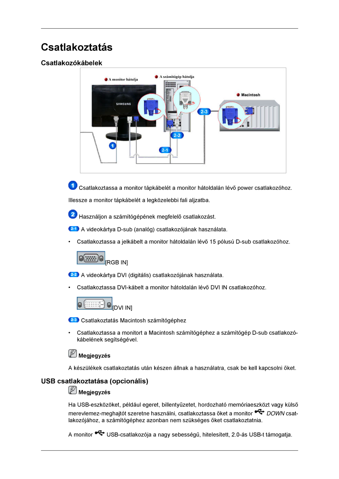 Samsung LS23MYZABC/EDC, LS23MYZABCA/EN, LS23MYZASC/EDC, LS23MYZABCABEN Csatlakozókábelek, USB csatlakoztatása opcionális 