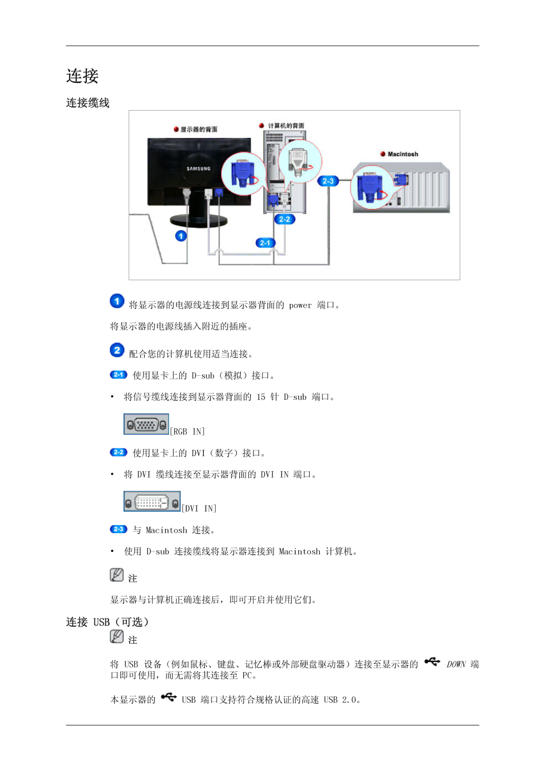 Samsung LS23MYZABC/EDC, LS23MYZABCA/EN, LS23MYZASC/EDC, LS23MYZABCABEN manual 连接缆线, 连接 Usb（可选） 