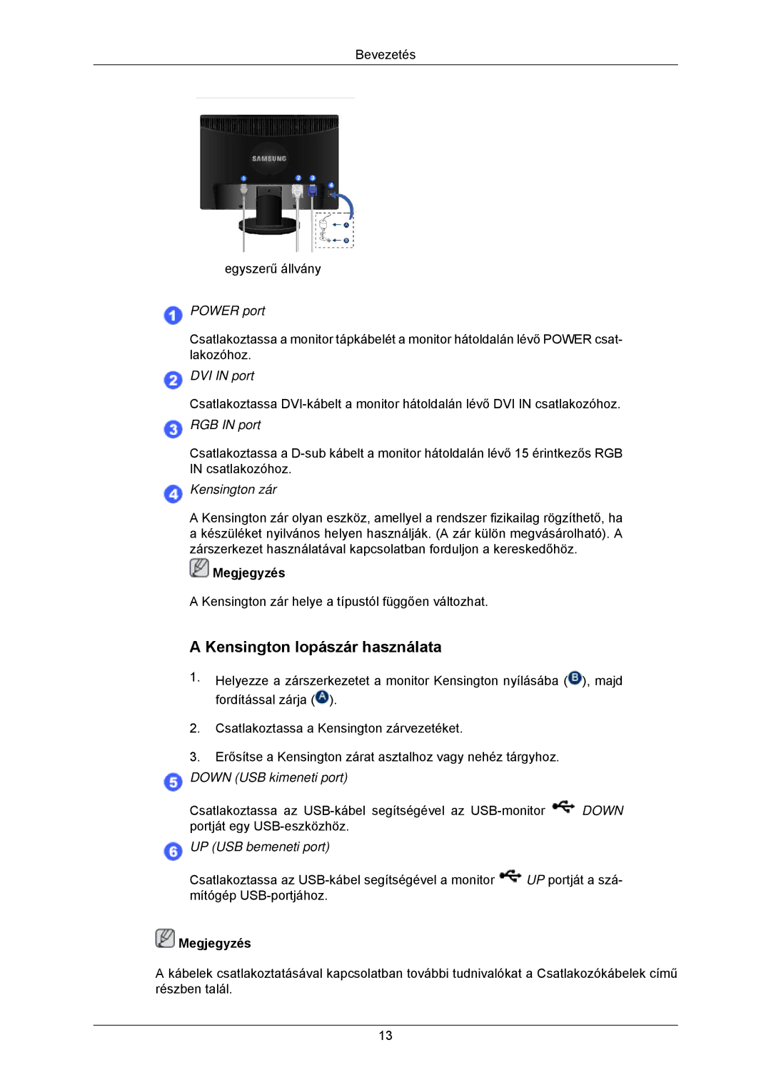 Samsung LS23MYZASC/EDC, LS23MYZABC/EDC, LS23MYZABCA/EN, LS23MYZABCABEN manual Kensington lopászár használata, RGB in port 