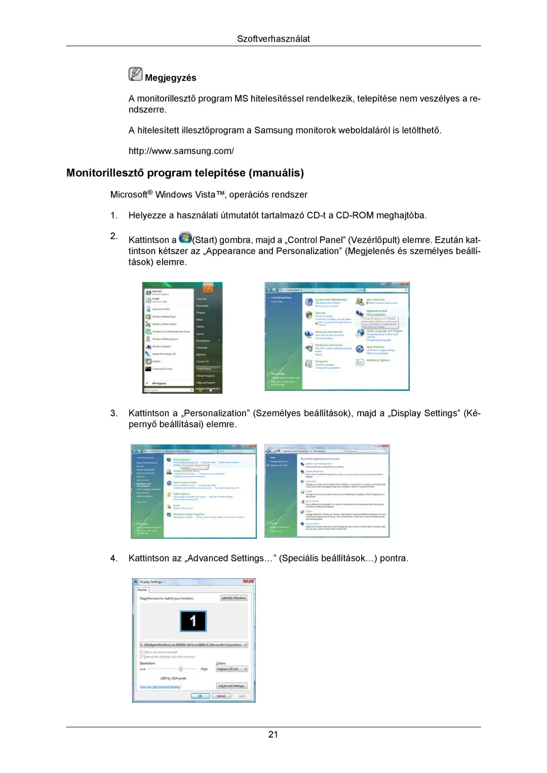 Samsung LS23MYZASC/EDC, LS23MYZABC/EDC, LS23MYZABCA/EN, LS23MYZABCABEN manual Monitorillesztő program telepítése manuális 