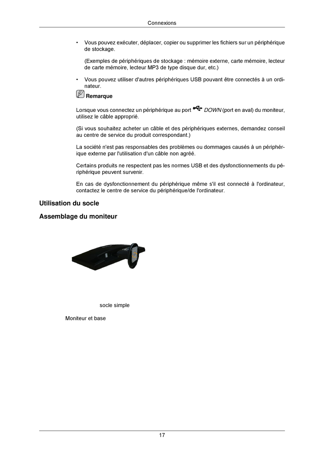 Samsung LS23MYZABC/EDC, LS23MYZABCA/EN manual Utilisation du socle Assemblage du moniteur 