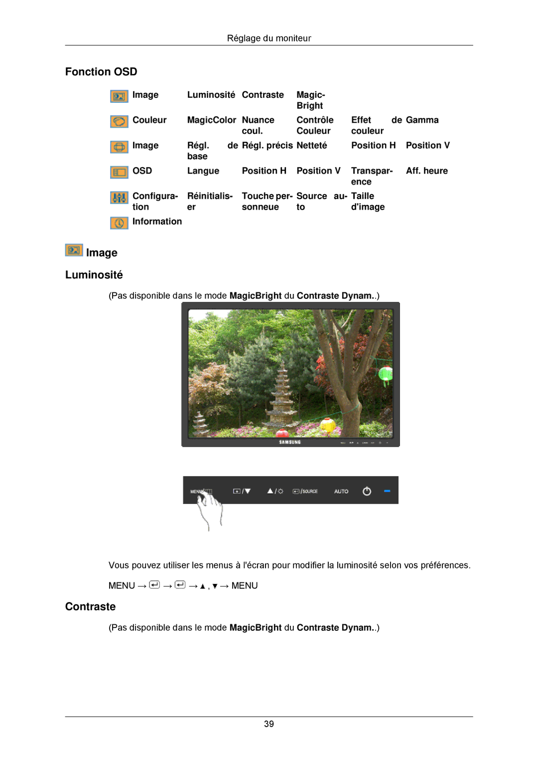 Samsung LS23MYZABCA/EN, LS23MYZABC/EDC manual Fonction OSD, Image Luminosité, Contraste 