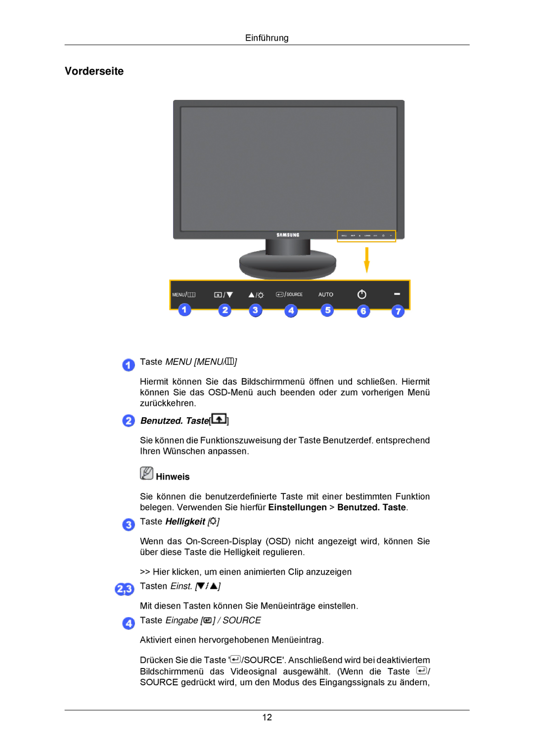 Samsung LS23MYZABCA/EN, LS23MYZABC/EDC manual Vorderseite, Taste Menu Menu 