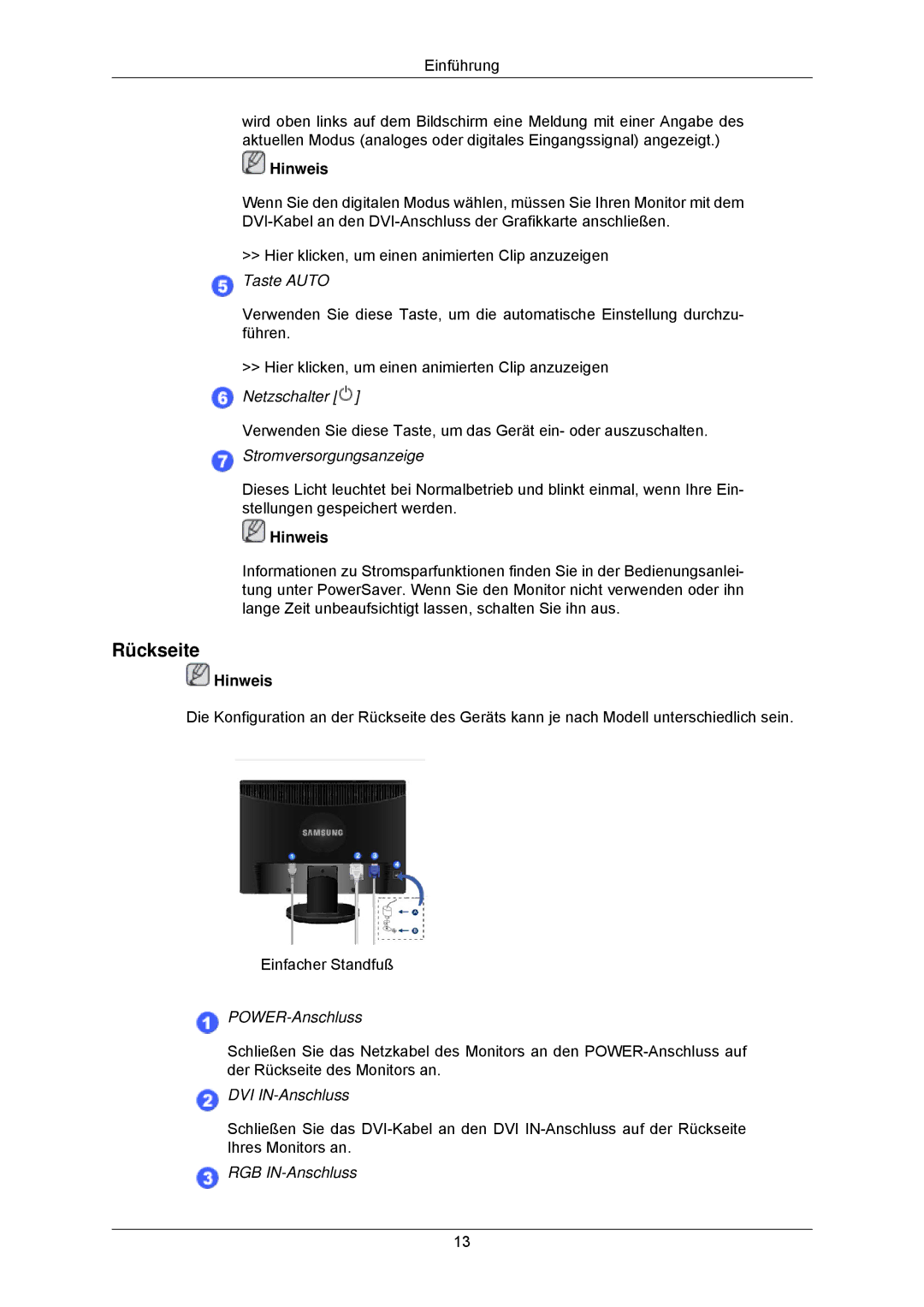 Samsung LS23MYZABC/EDC, LS23MYZABCA/EN manual Rückseite, Stromversorgungsanzeige 