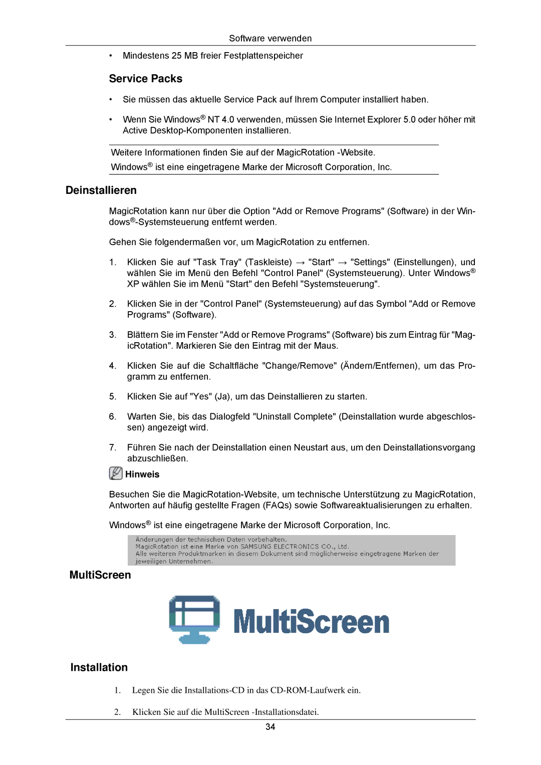 Samsung LS23MYZABCA/EN, LS23MYZABC/EDC manual Service Packs, MultiScreen Installation 