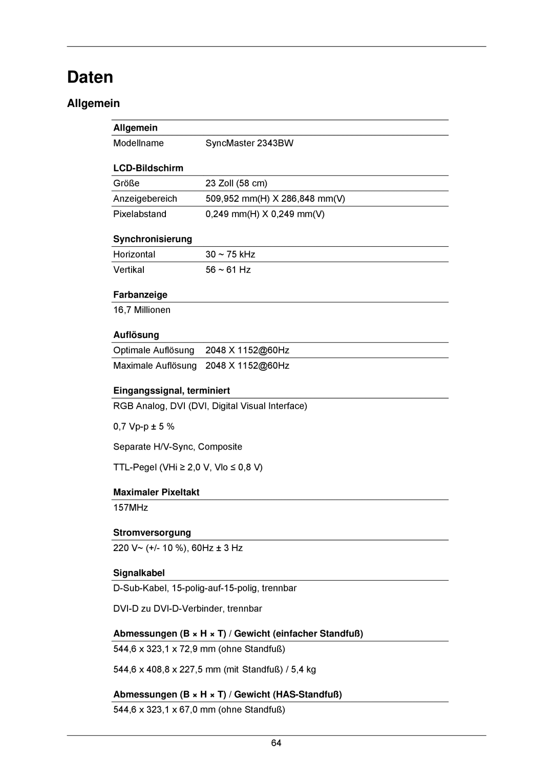 Samsung LS23MYZABCA/EN, LS23MYZABC/EDC manual Daten, Allgemein 