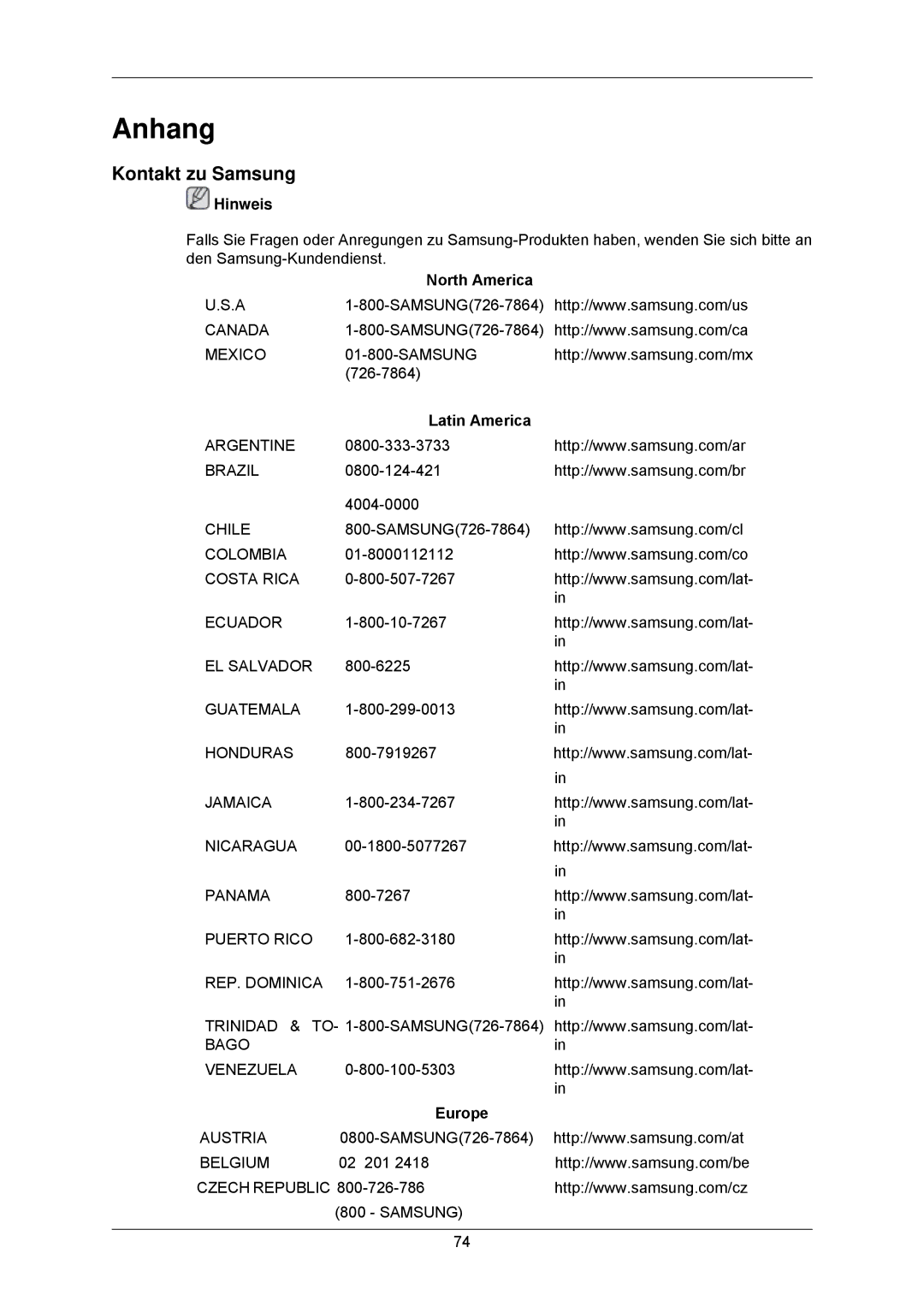 Samsung LS23MYZABCA/EN, LS23MYZABC/EDC manual Anhang, Kontakt zu Samsung, North America, Latin America, Europe 